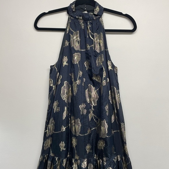 NWOT Express Halter Tiered Maxi Dress Black and Metallic Gold Floral Rose XS - Picture 2 of 15